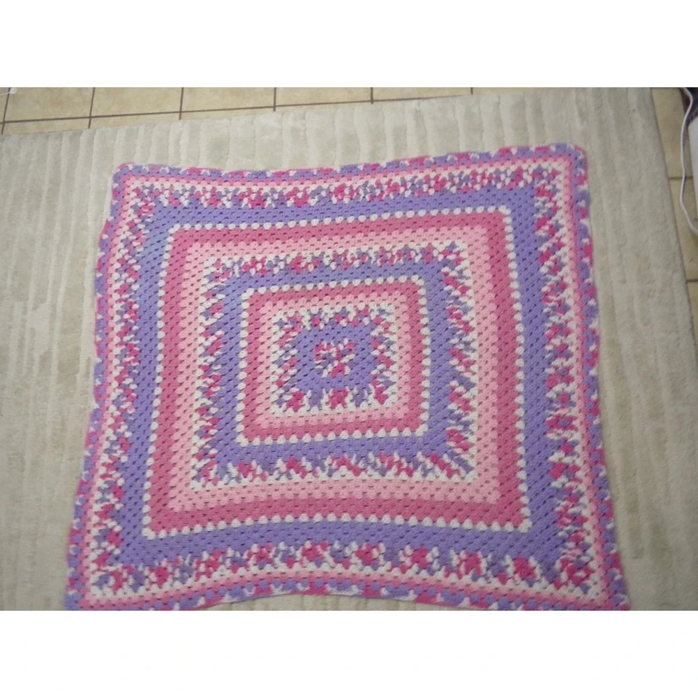 Hand Crochet Granny Square Blanket Afghan Throw Hot Pink Fuschia Purple 56x50